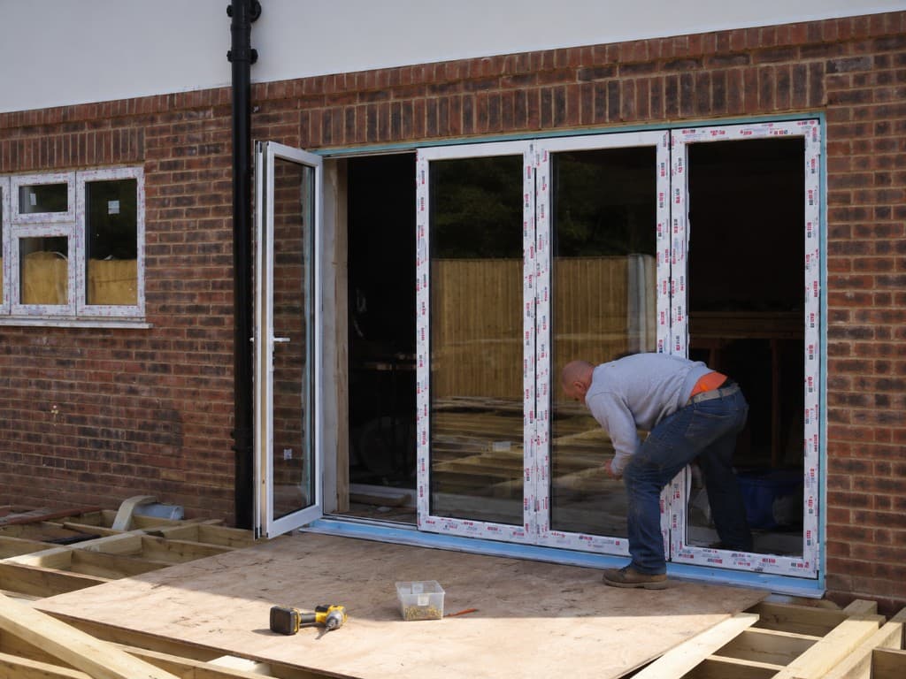 Fitter installing white uPVC bifold doors in a brick home